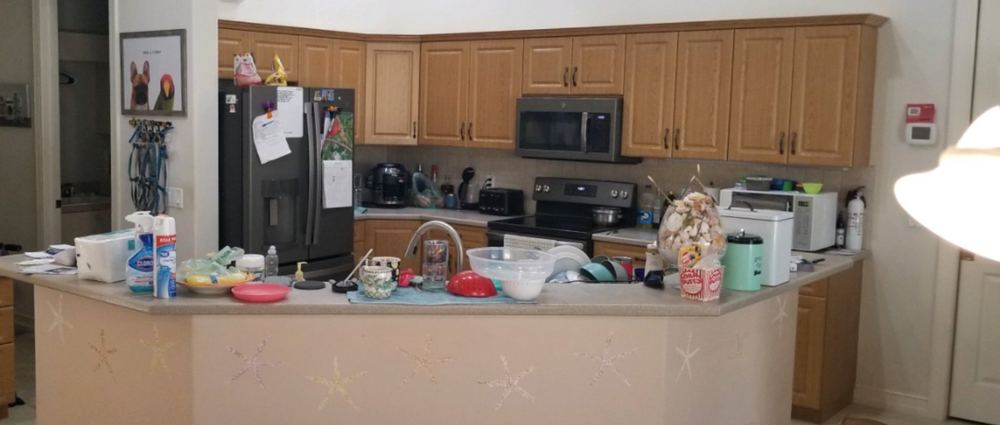 Kitchen before: water-damaged oak cabinets and old counters